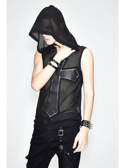 Mesh Splice Hand Rubbed Leather Rivet Cross Black Punk Sleeveless Hooded T-shirt