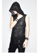 Mesh Splice Hand Rubbed Leather Rivet Cross Black Punk Sleeveless Hooded T-shirt