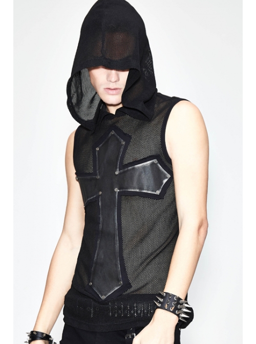 Mesh Splice Hand Rubbed Leather Rivet Cross Black Punk Sleeveless Hooded T-shirt