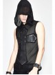 Mesh Splice Hand Rubbed Leather Rivet Cross Black Punk Sleeveless Hooded T-shirt