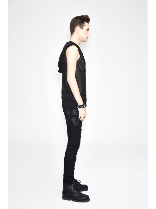Mesh Splice Hand Rubbed Leather Rivet Cross Black Punk Sleeveless Hooded T-shirt