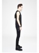 Mesh Splice Hand Rubbed Leather Rivet Cross Black Punk Sleeveless Hooded T-shirt