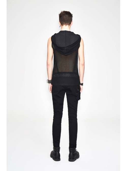 Mesh Splice Hand Rubbed Leather Rivet Cross Black Punk Sleeveless Hooded T-shirt