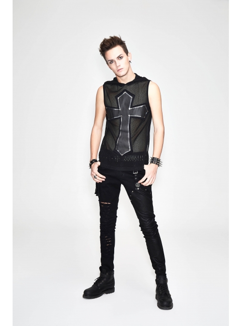 Mesh Splice Hand Rubbed Leather Rivet Cross Black Punk Sleeveless Hooded T-shirt