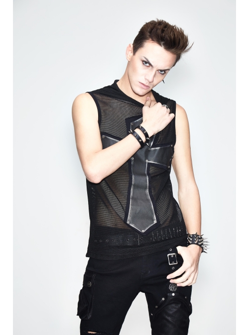 Mesh Splice Hand Rubbed Leather Rivet Cross Black Punk Sleeveless Hooded T-shirt