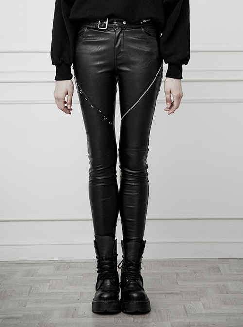 Steam Punk Casual Female Black Asymmetrical Skinny PU Leather Pants