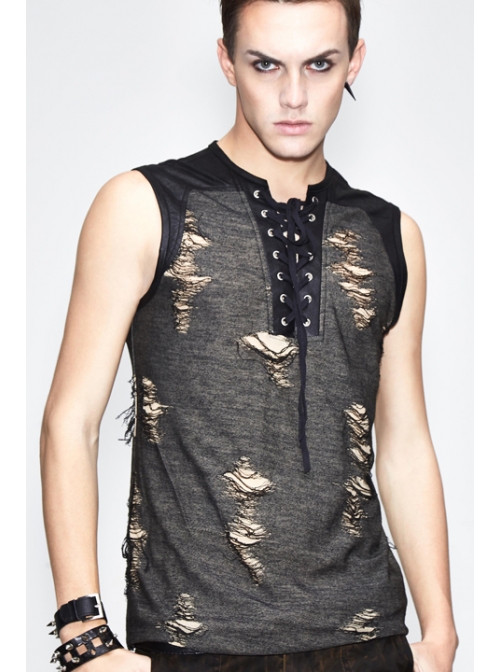 Black Broken Holes Chest Lace Up Sleeveless Punk T-Shirt