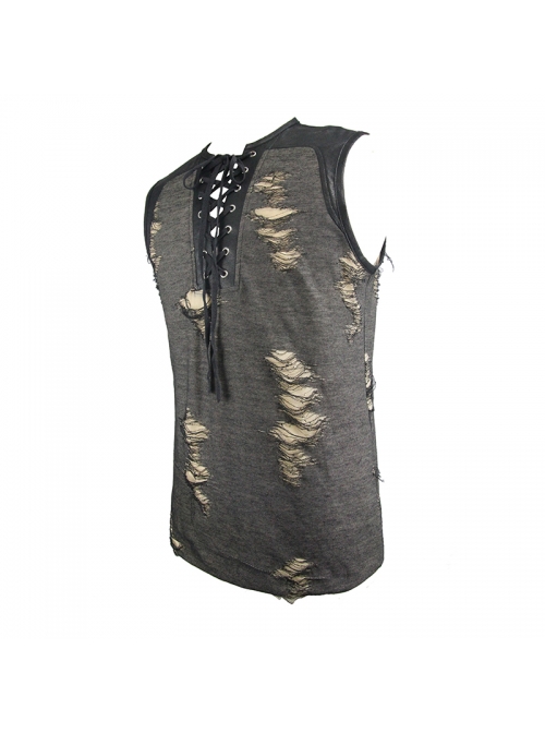 Black Broken Holes Chest Lace Up Sleeveless Punk T-Shirt