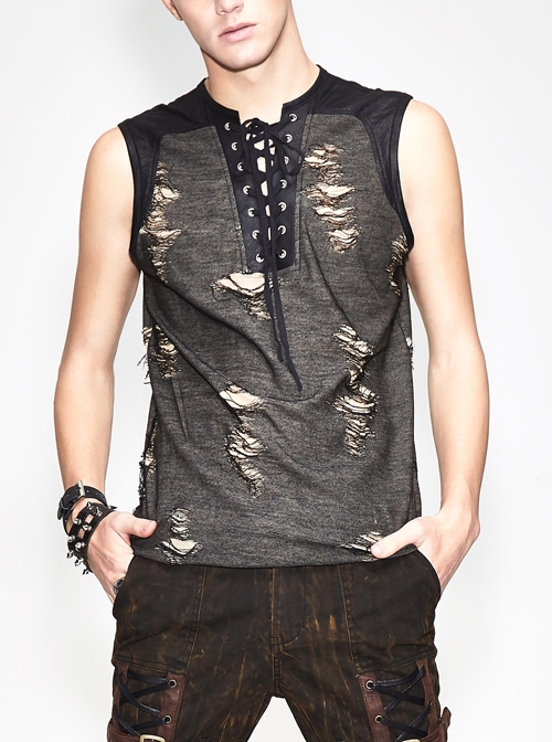 Black Broken Holes Chest Lace Up Sleeveless Punk T-Shirt