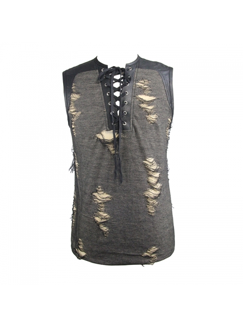 Black Broken Holes Chest Lace Up Sleeveless Punk T-Shirt