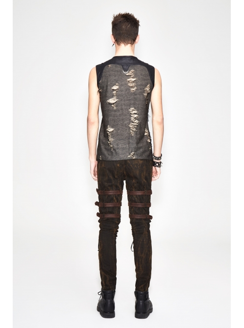 Black Broken Holes Chest Lace Up Sleeveless Punk T-Shirt