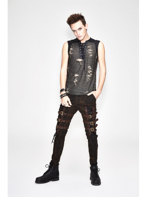 Black Broken Holes Chest Lace Up Sleeveless Punk T-Shirt