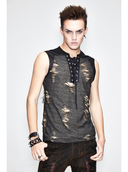Black Broken Holes Chest Lace Up Sleeveless Punk T-Shirt