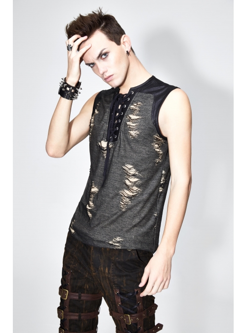 Black Broken Holes Chest Lace Up Sleeveless Punk T-Shirt