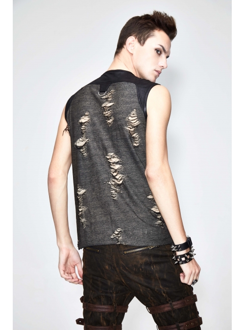 Black Broken Holes Chest Lace Up Sleeveless Punk T-Shirt
