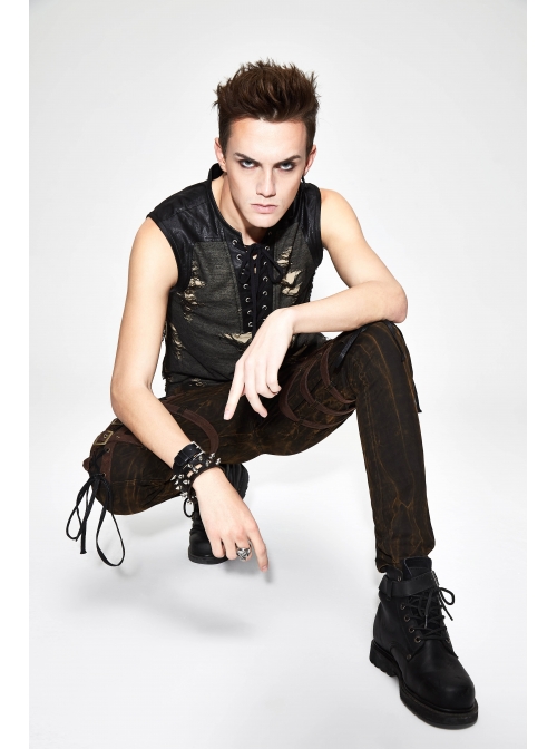 Black Broken Holes Chest Lace Up Sleeveless Punk T-Shirt