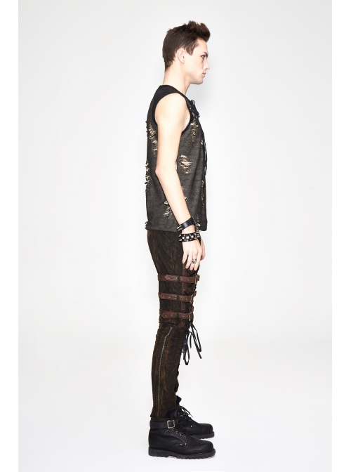 Black Broken Holes Chest Lace Up Sleeveless Punk T-Shirt