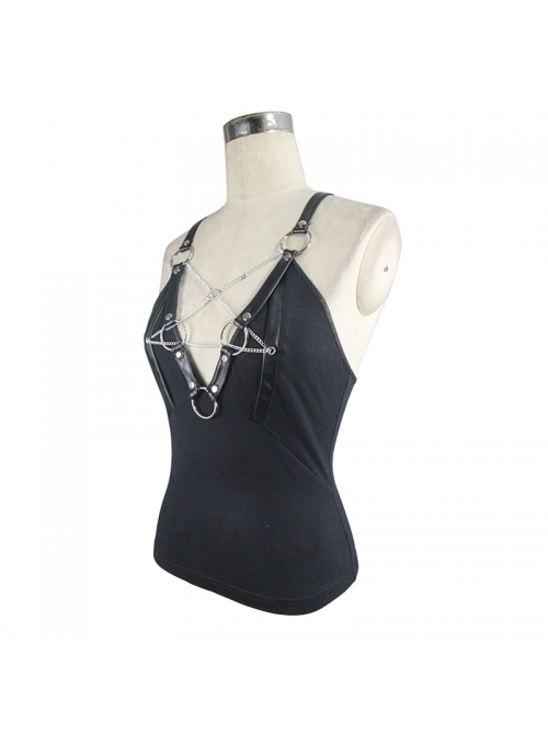 Chest Inverted Pentagram Chain Backless Metal Ring Leathrt Straps Black Punk Vest