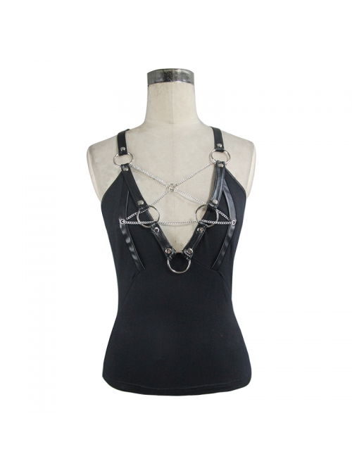 Chest Inverted Pentagram Chain Backless Metal Ring Leathrt Straps Black Punk Vest