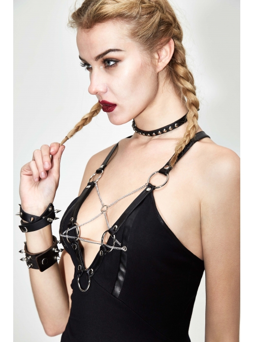 Chest Inverted Pentagram Chain Backless Metal Ring Leathrt Straps Black Punk Vest