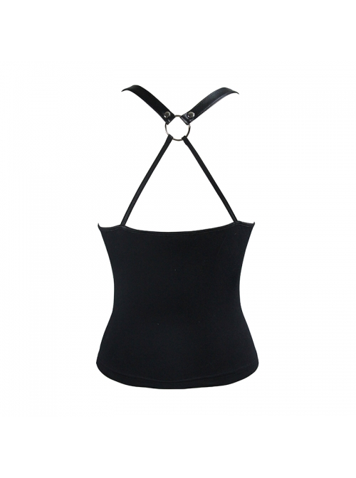 Chest Inverted Pentagram Chain Backless Metal Ring Leathrt Straps Black Punk Vest