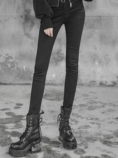 Steam Punk Female Black Removable Metal Strap Skinny Jeans