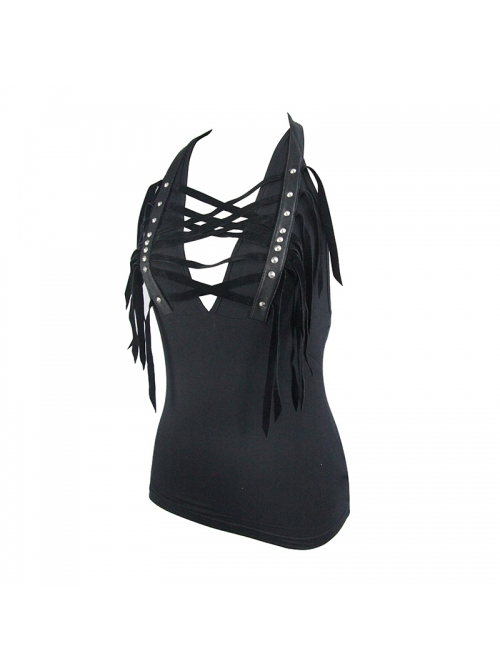 Black Chest Rivet Leather Strips Halter Lace-Up Tassel Punk Vest