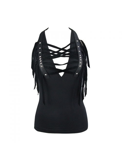 Black Chest Rivet Leather Strips Halter Lace-Up Tassel Punk Vest