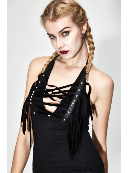 Black Chest Rivet Leather Strips Halter Lace-Up Tassel Punk Vest