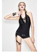 Black Chest Rivet Leather Strips Halter Lace-Up Tassel Punk Vest