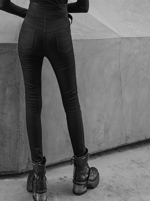 Steam Punk Casual Female Elastic High Waist Skinny Metal Buckle Jeans