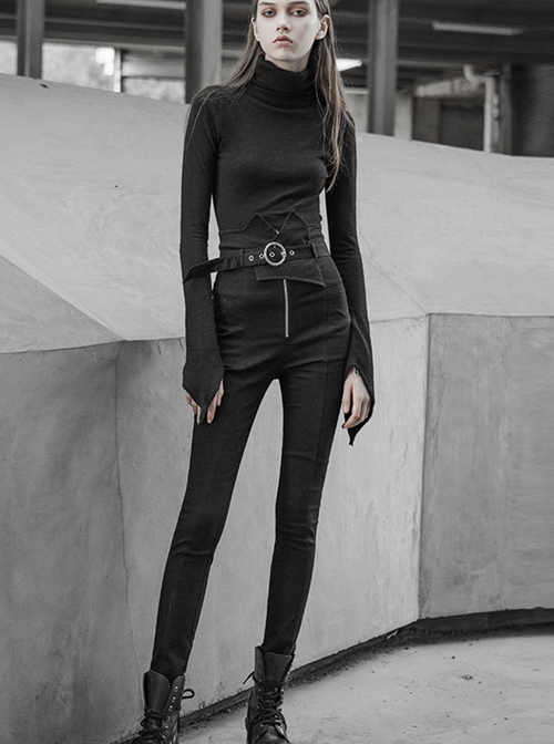 Steam Punk Casual Female Elastic High Waist Skinny Metal Buckle Jeans