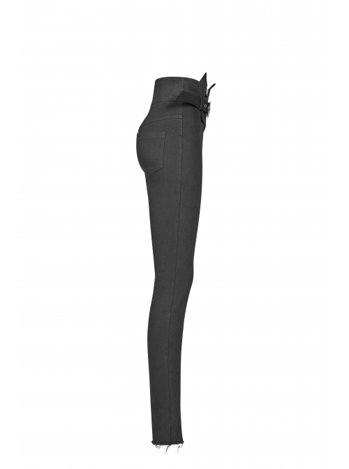 Steam Punk Casual Female Elastic High Waist Skinny Metal Buckle Jeans