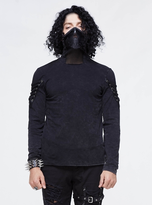 Splice Mesh Leather Embroidery Super-High Collar Masked Lace-Up Long Sleeve Black Punk T-Shirt