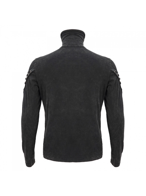 Splice Mesh Leather Embroidery Super-High Collar Masked Lace-Up Long Sleeve Black Punk T-Shirt