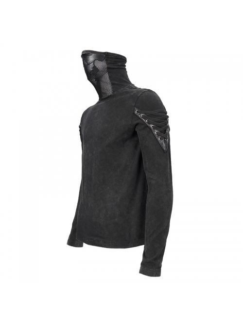 Splice Mesh Leather Embroidery Super-High Collar Masked Lace-Up Long Sleeve Black Punk T-Shirt