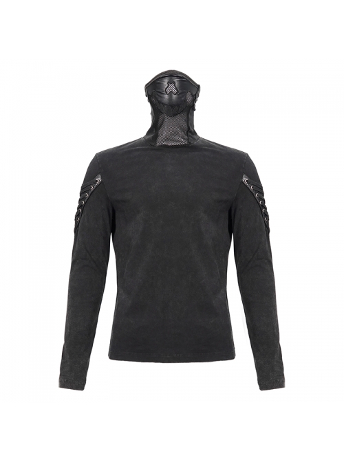 Splice Mesh Leather Embroidery Super-High Collar Masked Lace-Up Long Sleeve Black Punk T-Shirt