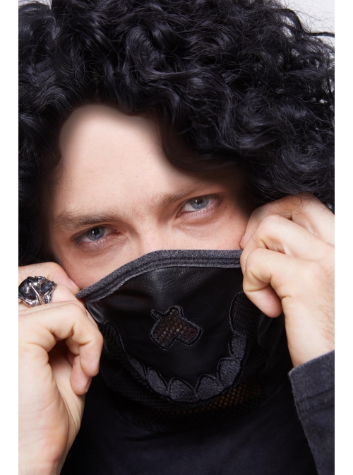 Splice Mesh Leather Embroidery Super-High Collar Masked Lace-Up Long Sleeve Black Punk T-Shirt