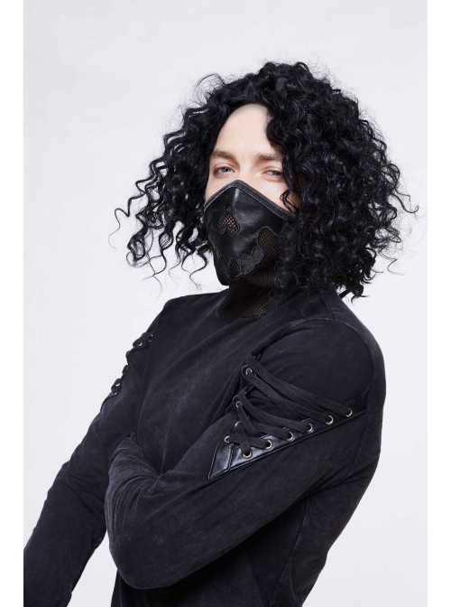 Splice Mesh Leather Embroidery Super-High Collar Masked Lace-Up Long Sleeve Black Punk T-Shirt