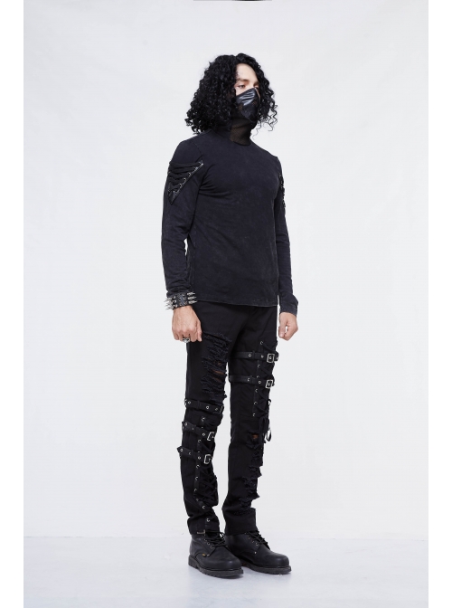 Splice Mesh Leather Embroidery Super-High Collar Masked Lace-Up Long Sleeve Black Punk T-Shirt