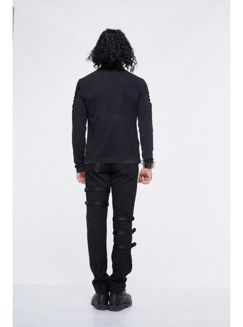 Splice Mesh Leather Embroidery Super-High Collar Masked Lace-Up Long Sleeve Black Punk T-Shirt