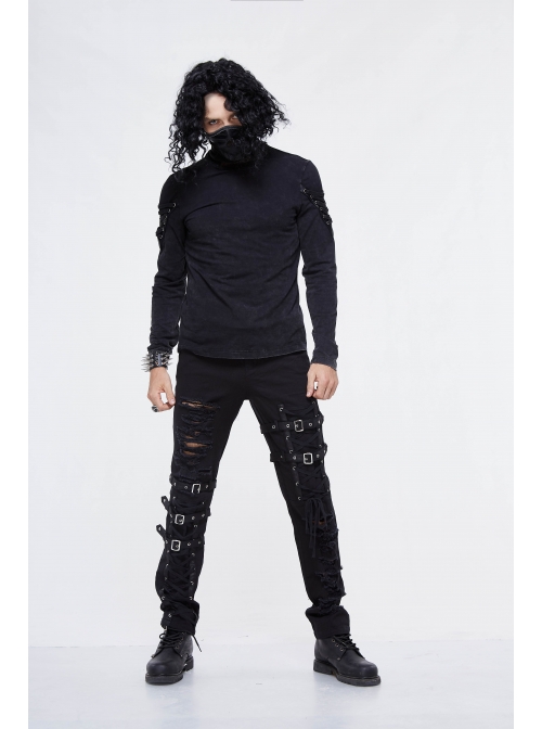 Splice Mesh Leather Embroidery Super-High Collar Masked Lace-Up Long Sleeve Black Punk T-Shirt