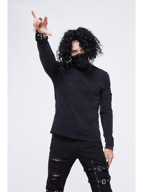 Splice Mesh Leather Embroidery Super-High Collar Masked Lace-Up Long Sleeve Black Punk T-Shirt