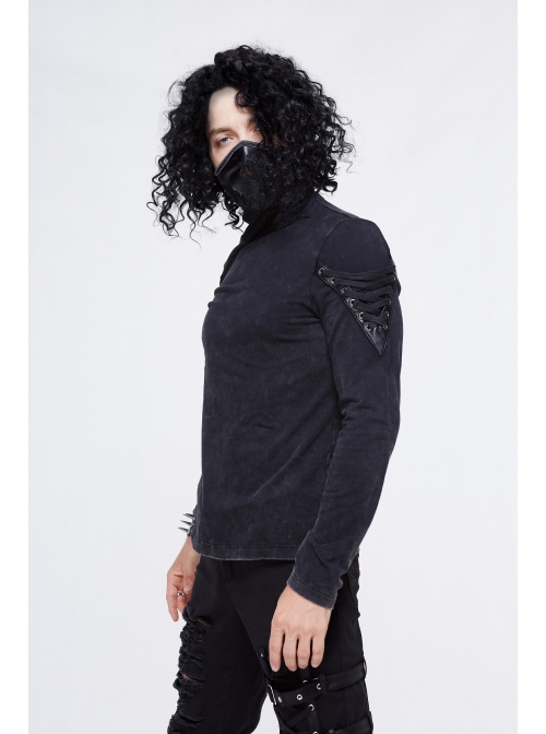 Splice Mesh Leather Embroidery Super-High Collar Masked Lace-Up Long Sleeve Black Punk T-Shirt
