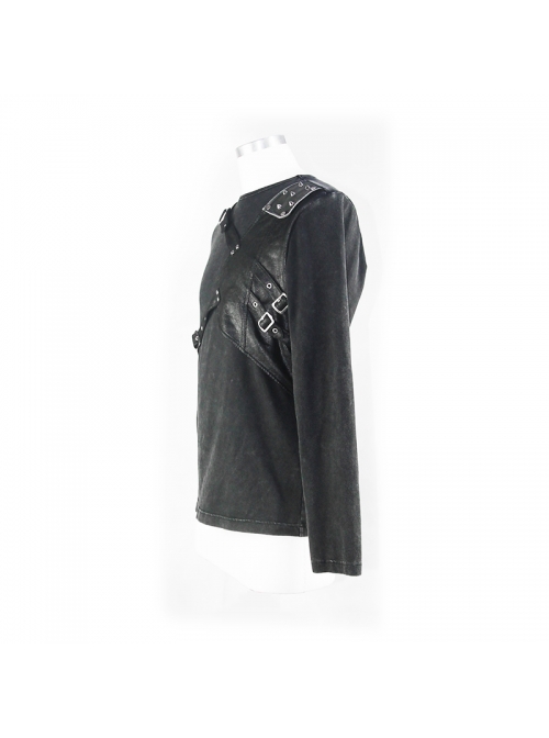 Asymmetric False Two Pieces Of Leather Rivet Armor Leather Hasp Black Punk T-Shirt