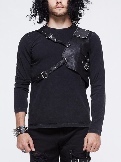 Asymmetric False Two Pieces Of Leather Rivet Armor Leather Hasp Black Punk T-Shirt