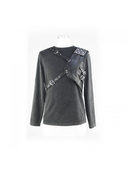 Asymmetric False Two Pieces Of Leather Rivet Armor Leather Hasp Black Punk T-Shirt