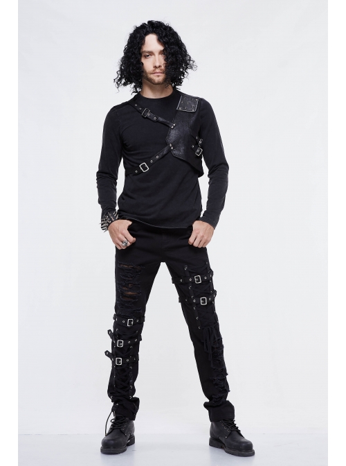 Asymmetric False Two Pieces Of Leather Rivet Armor Leather Hasp Black Punk T-Shirt