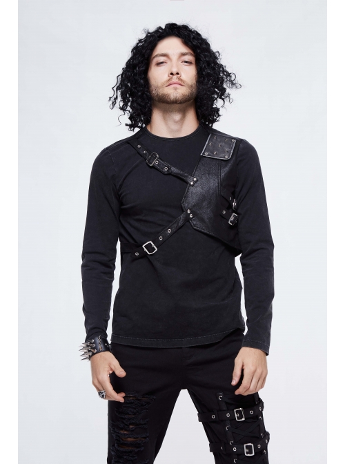 Asymmetric False Two Pieces Of Leather Rivet Armor Leather Hasp Black Punk T-Shirt