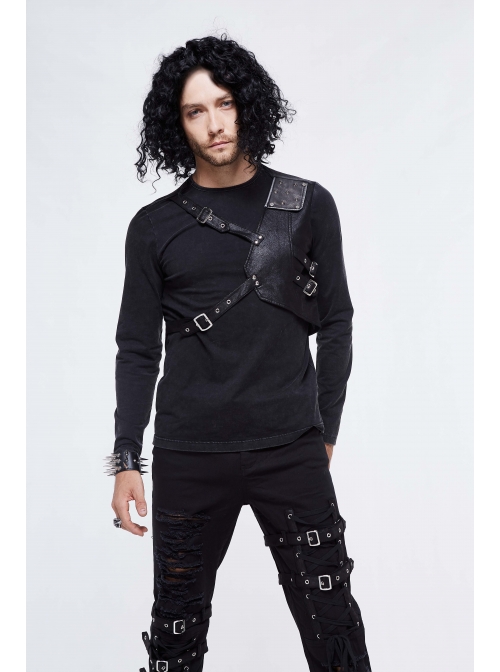Asymmetric False Two Pieces Of Leather Rivet Armor Leather Hasp Black Punk T-Shirt